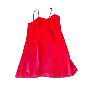 Erika Taylor Intimates Nightgown Red Satin Lace Trim Slip Dress Vintage Style M